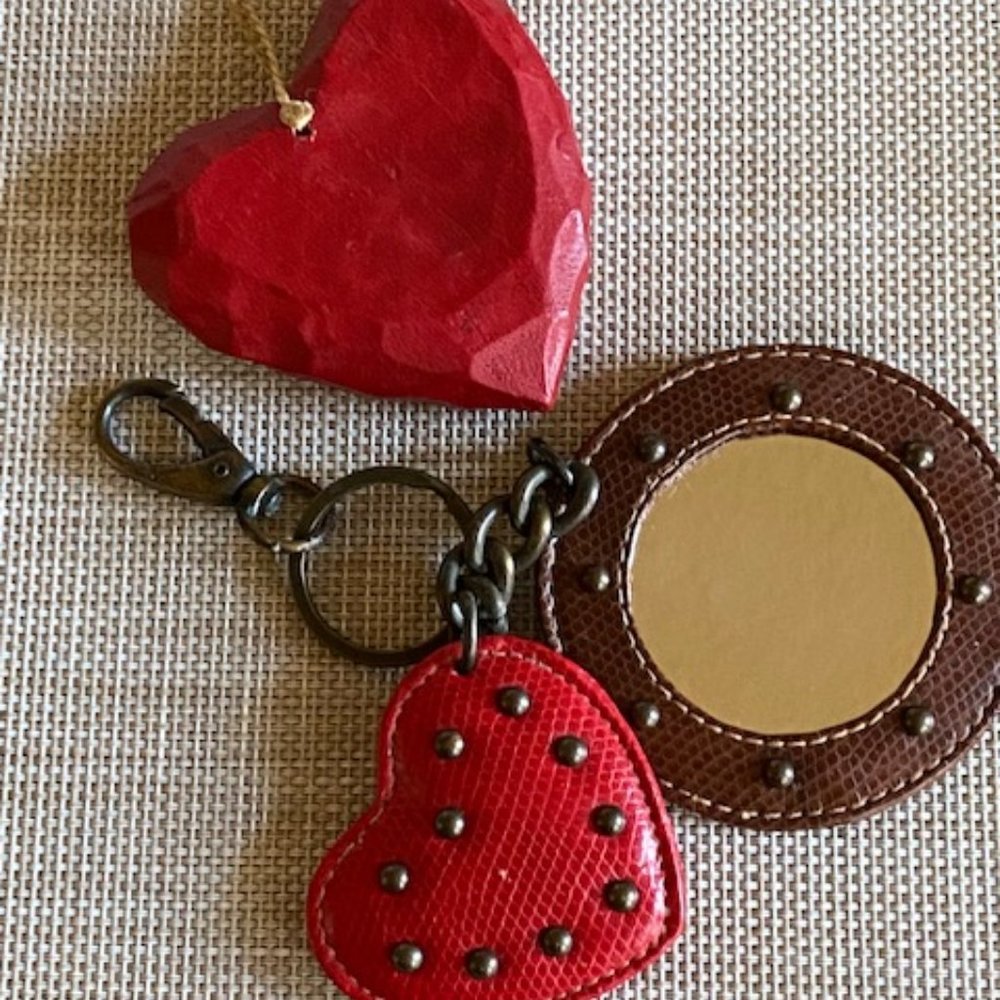 Studded Faux Leather Red Poof Heart & Brown Framed Stud Mirror Set Keychain